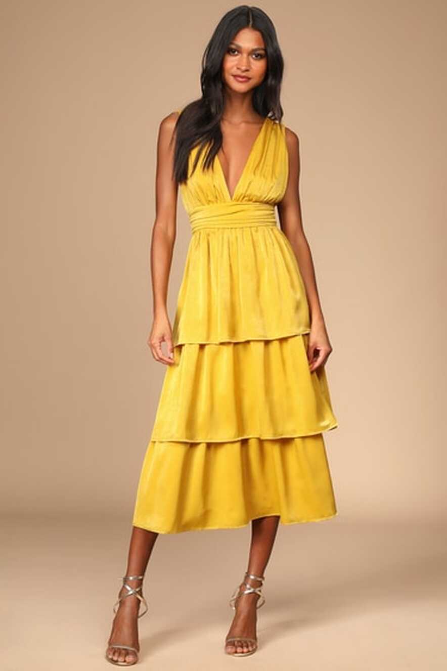 Mustard Yellow Dress - Satin Midi Dress - Tie-Back Tiered Dress ...