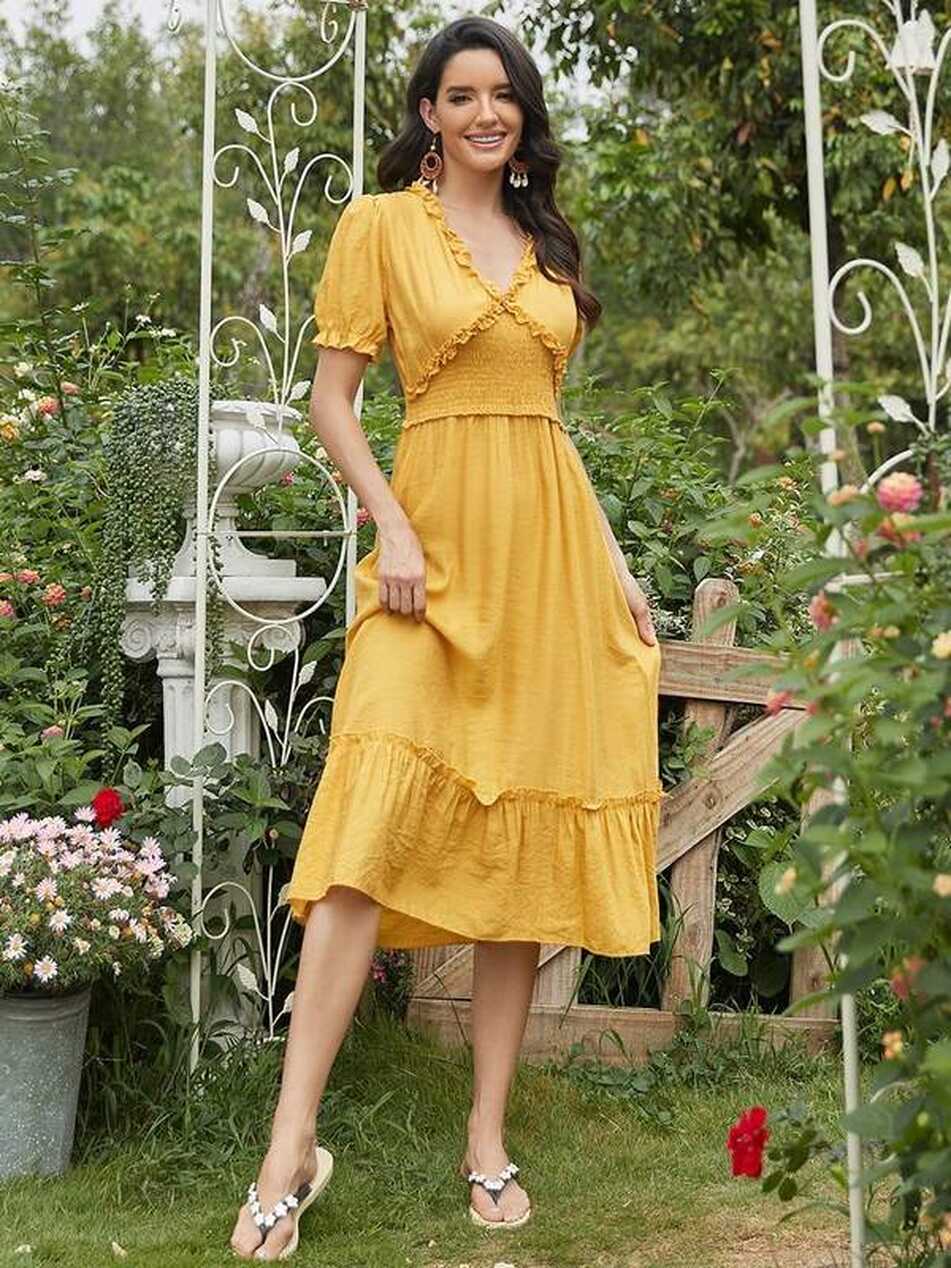 Mustard Yellow Short Sleeve V-Neck Midi Summer Casual Dress – ShObO