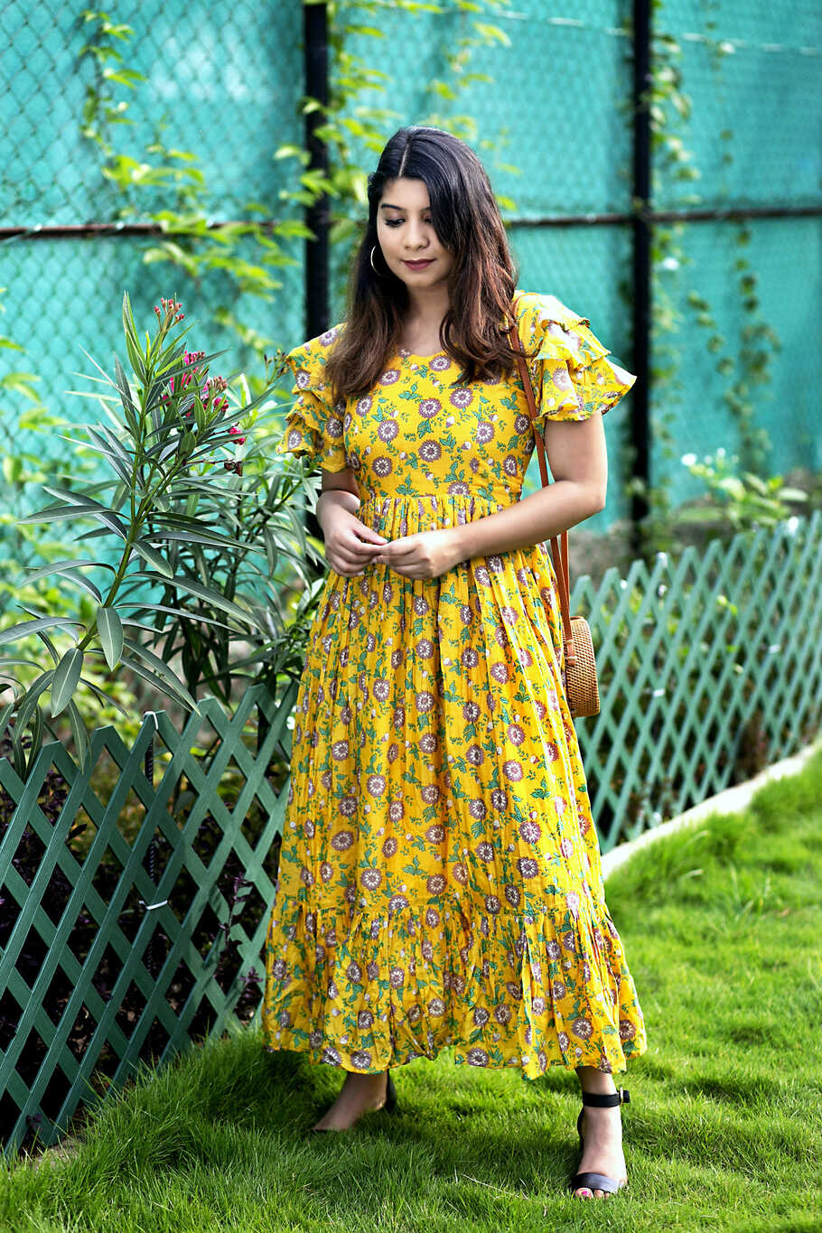 Mustard yellow floral printed ruffle dress by Athira Designs | The ...