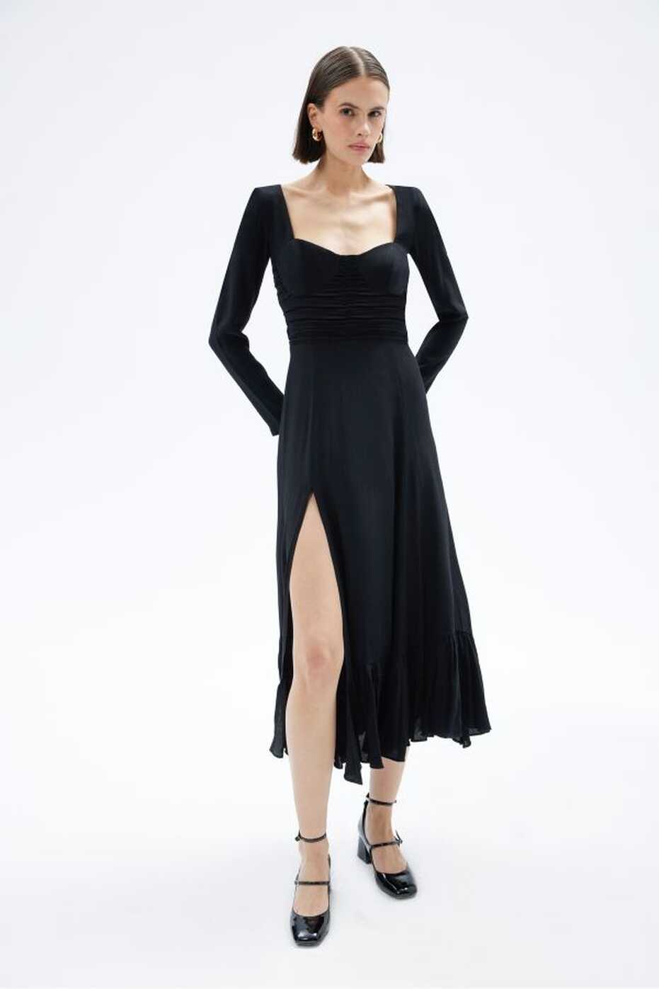 Muun Barbara Black Long Sleeve Midi Dress - Trendyol