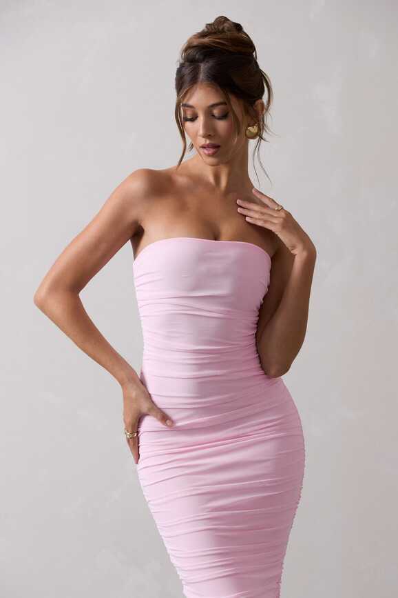 My Girl Pink Strapless Bodycon Ruched Mesh Midi Dress – Club L ...