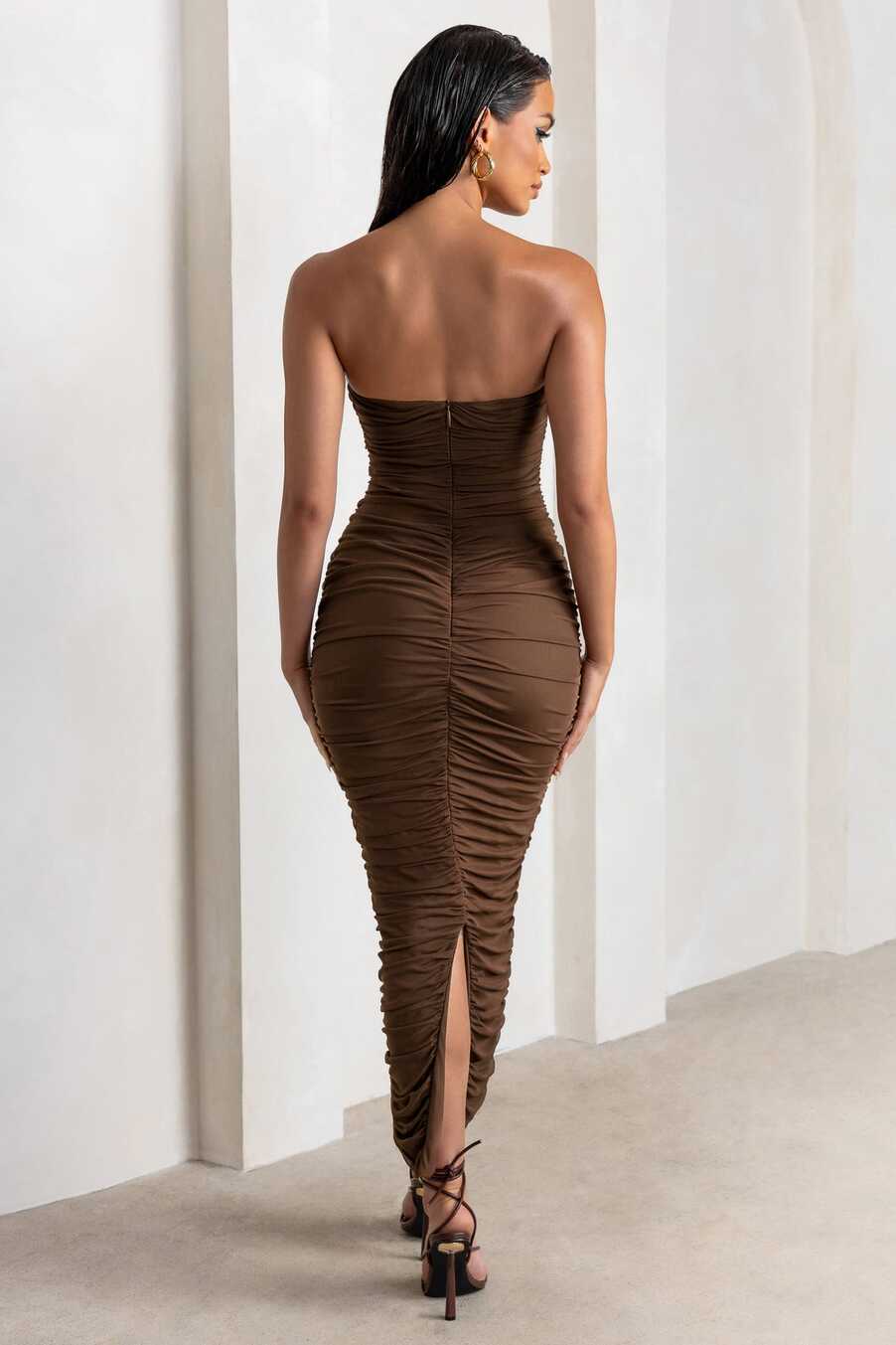 My Lady Chocolate Brown Strapless Bodycon Ruched Mesh Maxi Dress ...