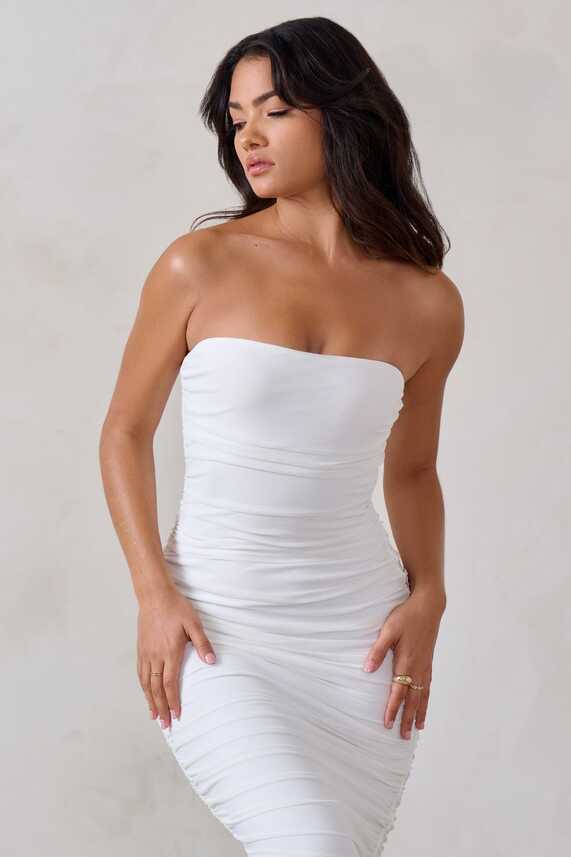 My Lady White Strapless Bodycon Ruched Mesh Maxi Dress – Club L ...