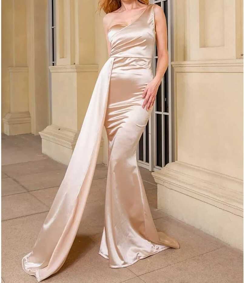 N/A One Shoulder Padded Sexy Satin Maxi Dress Women&#39;s Evening ...