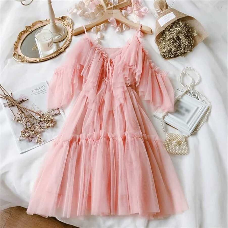 N/A Ruffle Dress Mesh Dress Women Korean Cute Dresses Woman Party ...