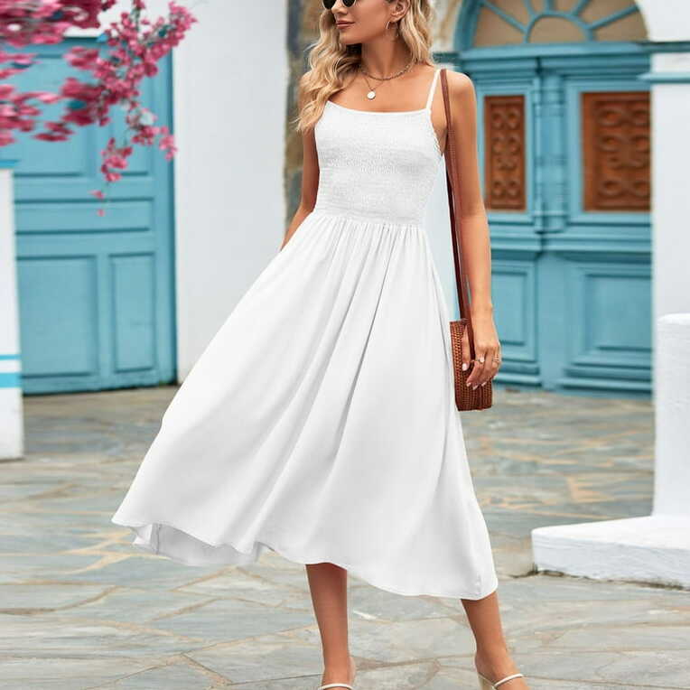 NAMANYLE Women&#39;s Elegant White Sleevless V-Neck Midi Dress - Comfy ...