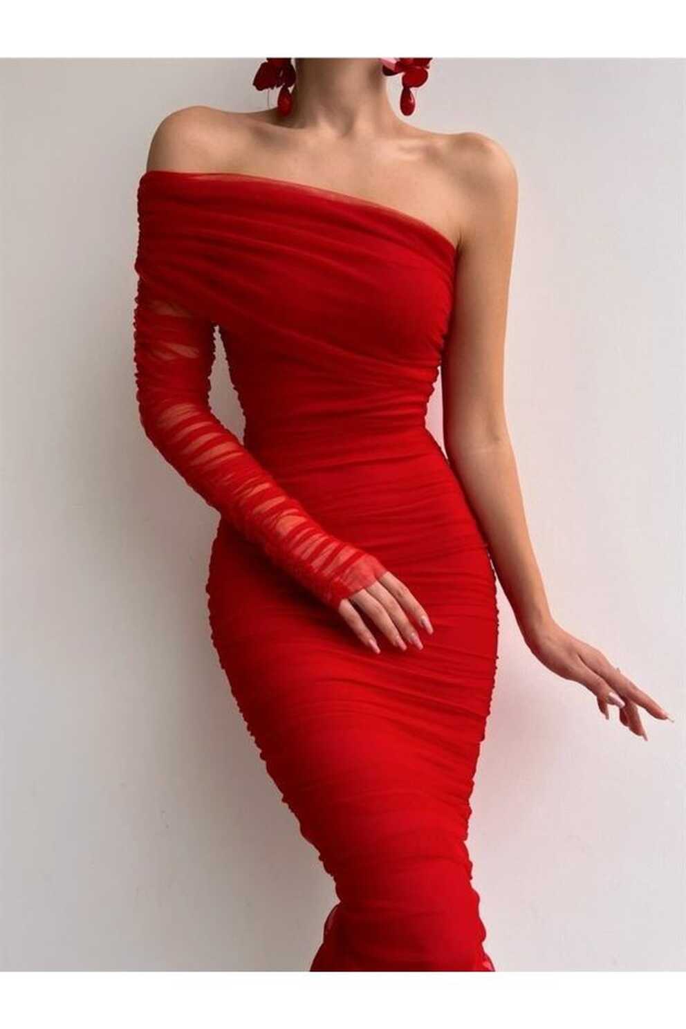 NARKO Laurest Red Single Sleeve Tulle Fabric Lined Elegant Evening ...