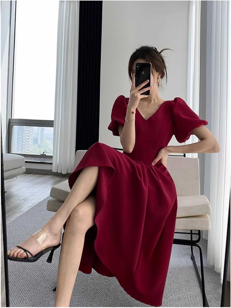 NOGRAX Summer Dresses For Women Summer Elegant V Neck Puff Sleeve ...