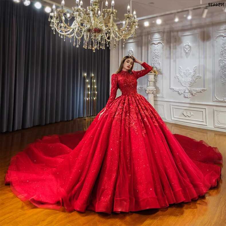 NS4439 Royal Lace Applique Ball Gown Luxury Red Wedding Dress