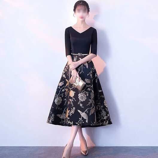 NSLFWH Printed Flower Satin Black Cocktail Dresses with Sleeves ...