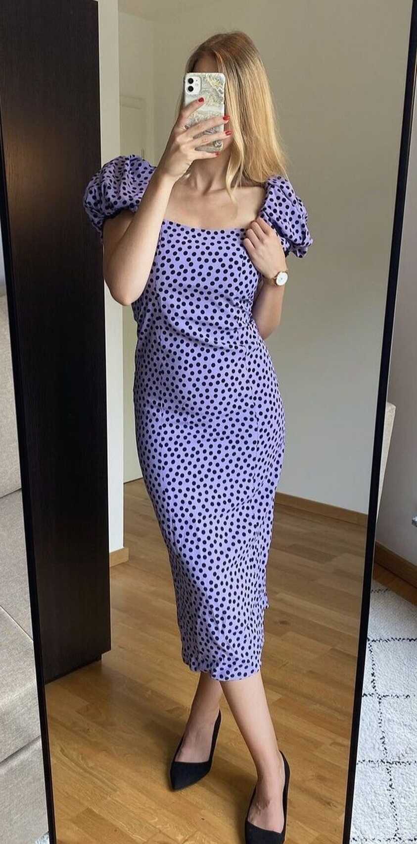 NWT_ ZARA WOMAN POLKA DOT PRINT MIDI DRESS PUFF-SLEEVES LAVENDER ...