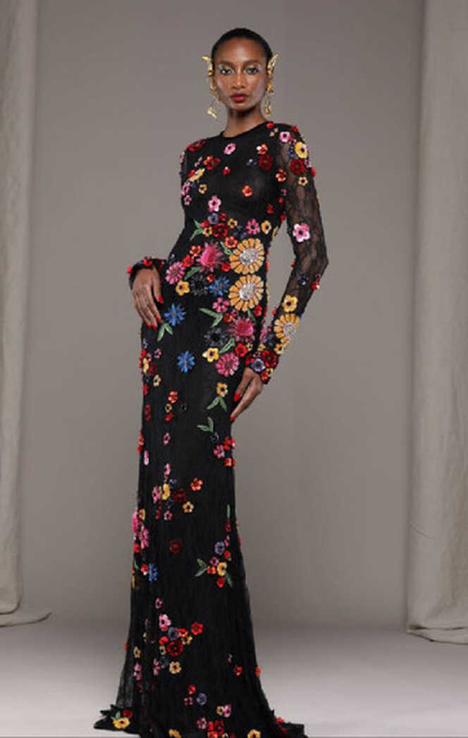 Naeem Khan Black/Multi Floral Embroidered Lace Gown - Vivaldi Boutique