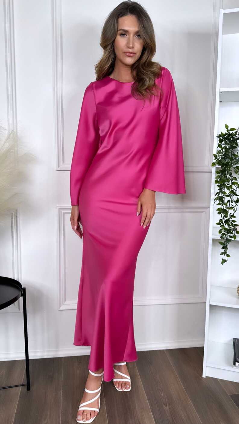 Nanette Fuchsia Wide Sleeve Satin Finish Maxi Dress – Get That Trend