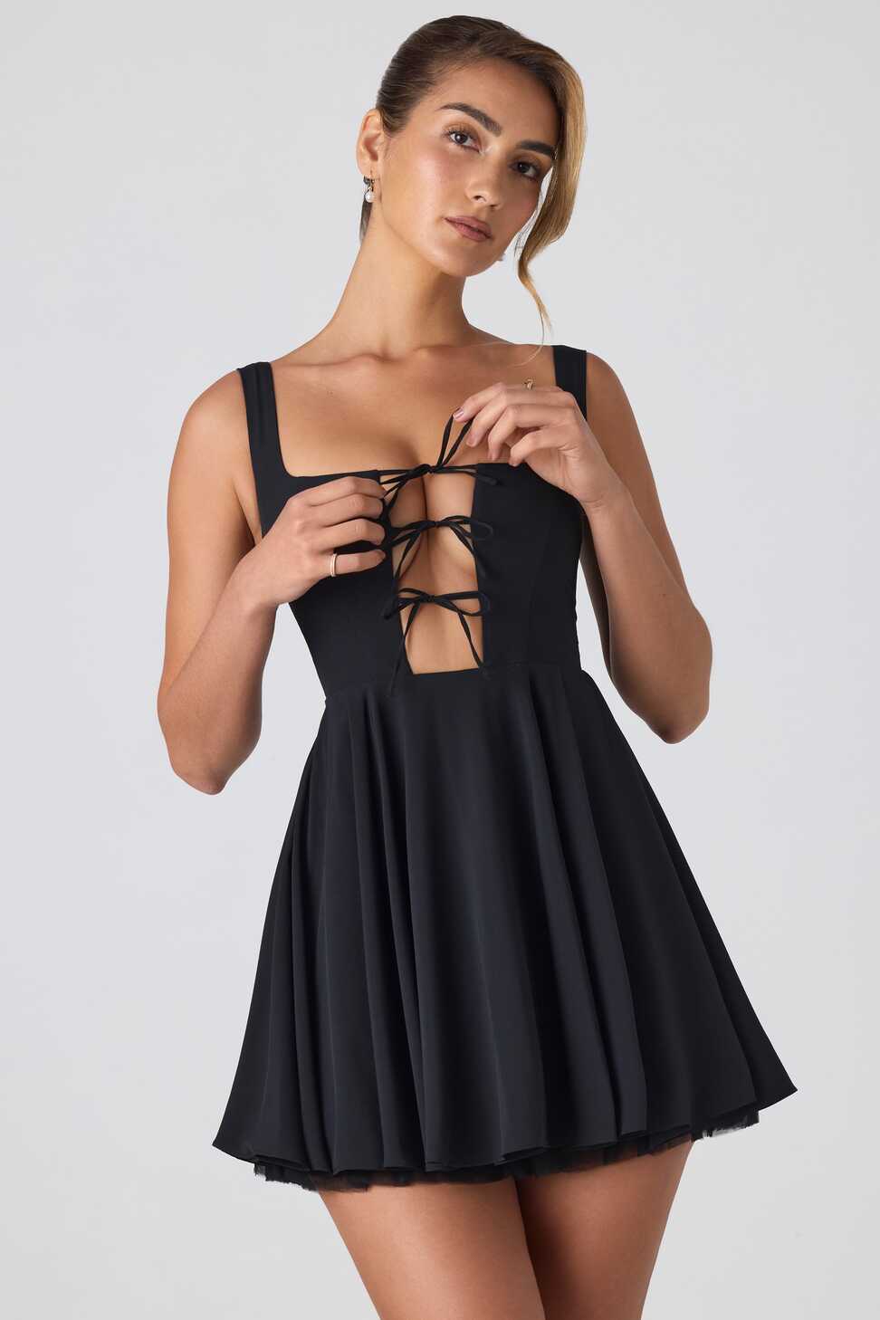 Nanisca Tie-Detail A-Line Micro Mini Dress in Black | Oh Polly