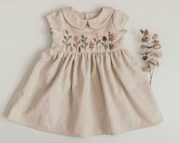 Natural Beige Flutter Sleeves Baby Girl Linen Dress With Handmade ...