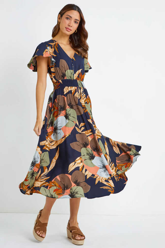 Navy Angel Sleeve Floral Print Midi Dress | Roman UK