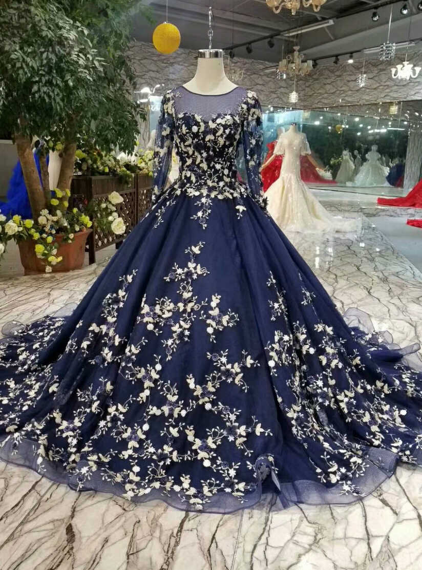 Navy Blue Ball Gown Tulle Long Sleeve Appliques Luxury Wedding Dress