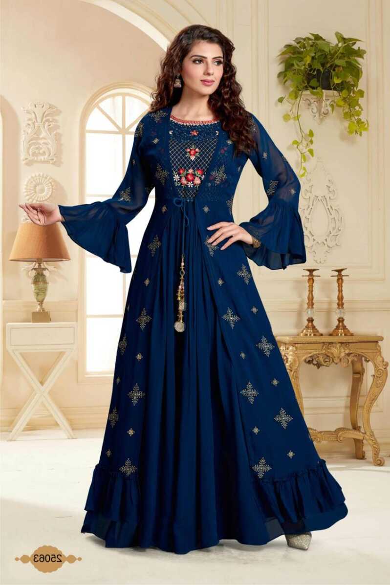 Navy Blue Color Party Wear Readymade Designer Gown With Long Koti ...