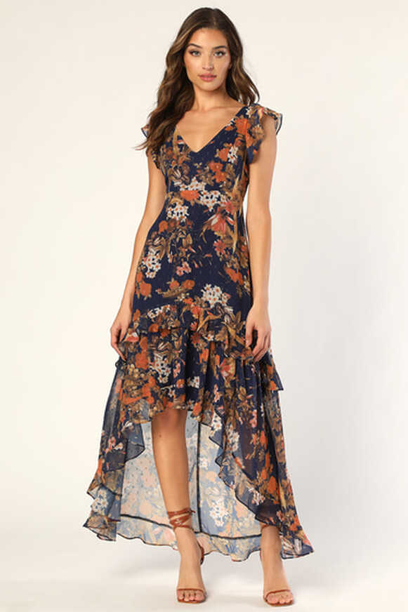 Navy Blue Floral Dress - High-Low Maxi Dress - Ruffled Dress - Lulus