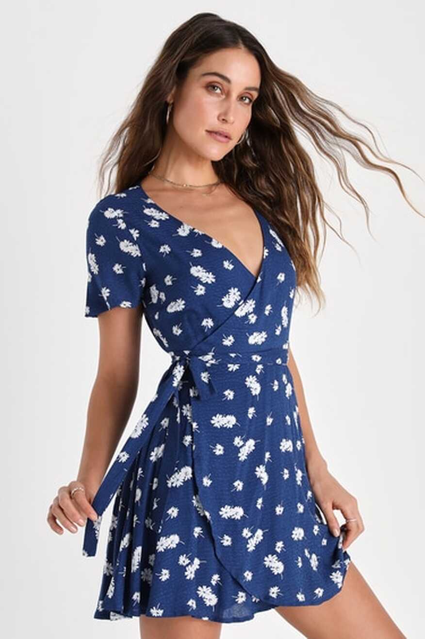 Navy Blue Floral Dress - Mini Wrap Dress - Short Sleeve Dress - Lulus