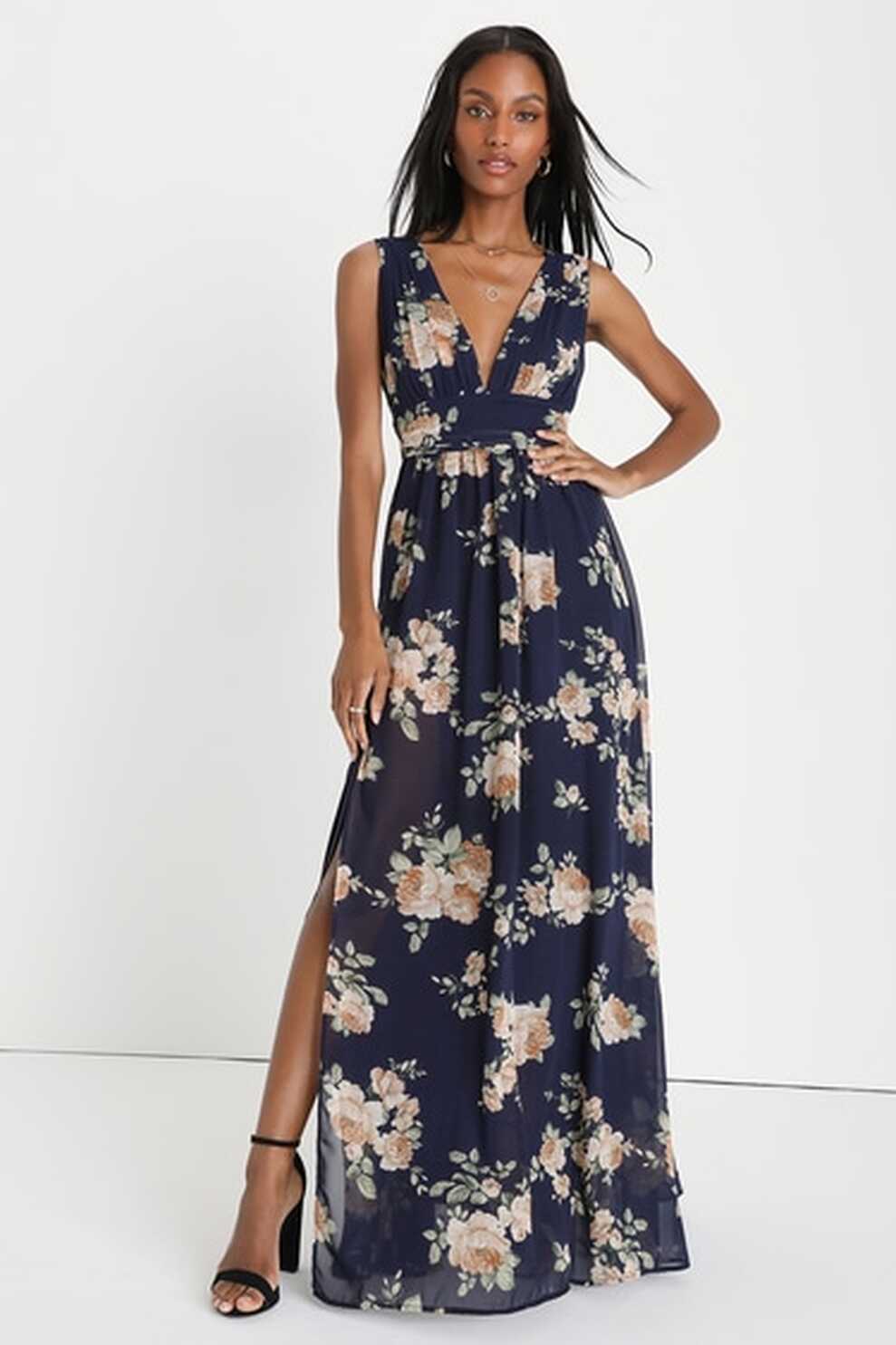 Navy Blue Floral Dress - Sleeveless Maxi Dress - V-Back Dress - Lulus