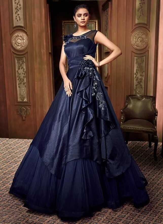 Navy Blue Floral Embroidered Layered Indo Western Gown