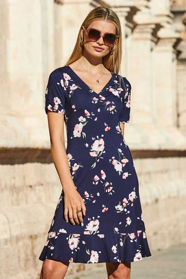 Navy Blue Floral Print Short Sleeve Fit &amp; Flare Jersey Dress