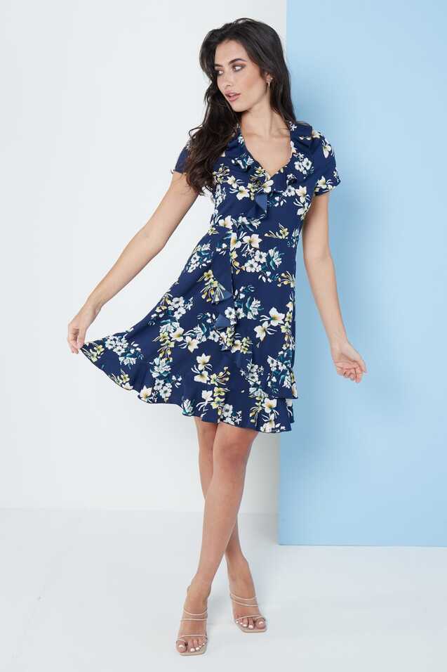 Navy Blue Floral Wrap Frill Dress - Sale from Yumi UK