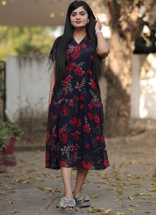 Navy Blue Georgette With Red Flower Printed Western Midi Dress ...