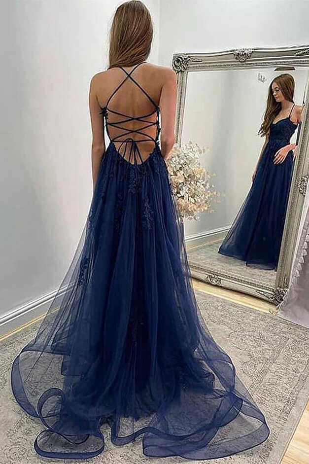 Navy Blue Lace A-line Backless Prom Dress With Slit SP853 | Simidress