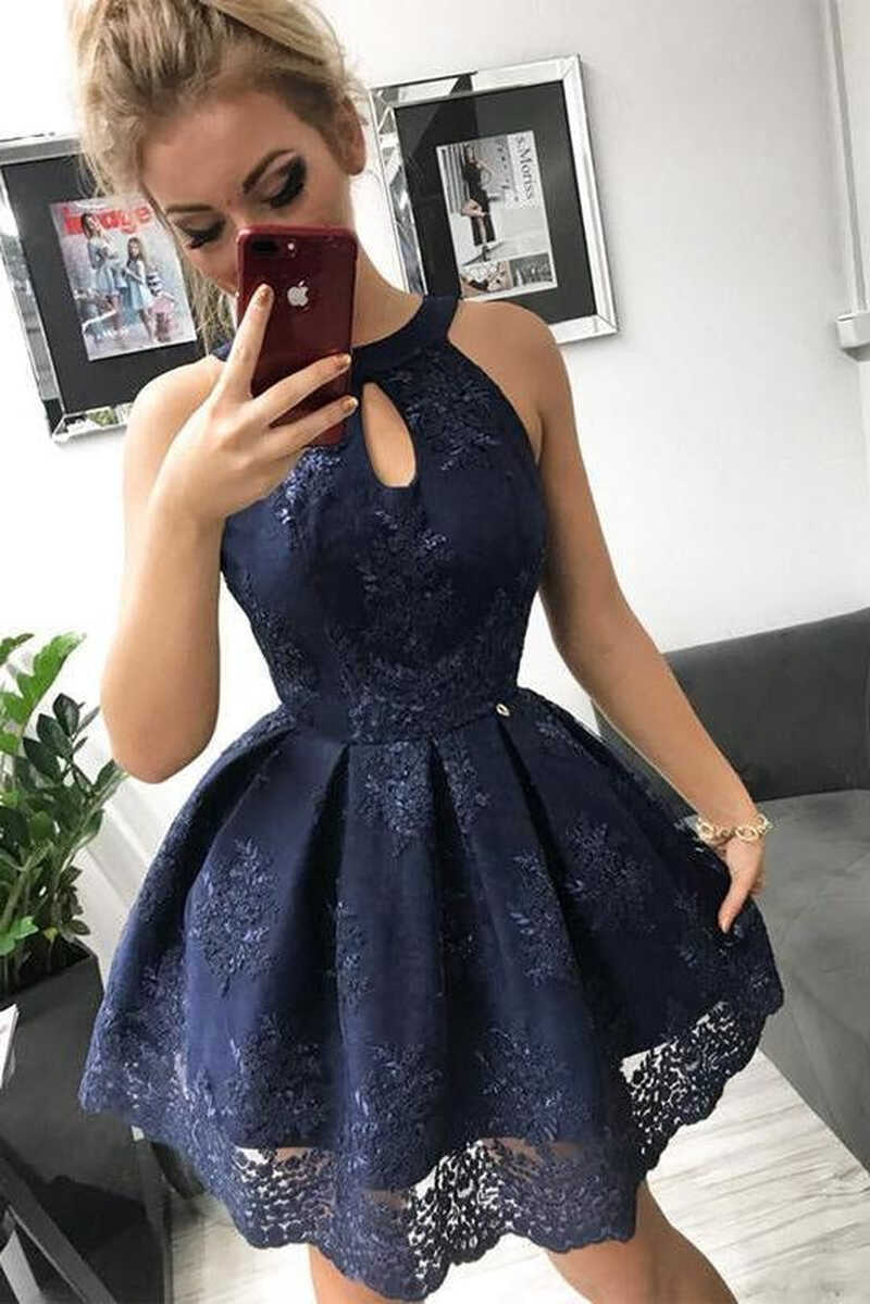 Navy Blue Lace Homecoming Petite Short Formal Dresses 2021 - Bridelily