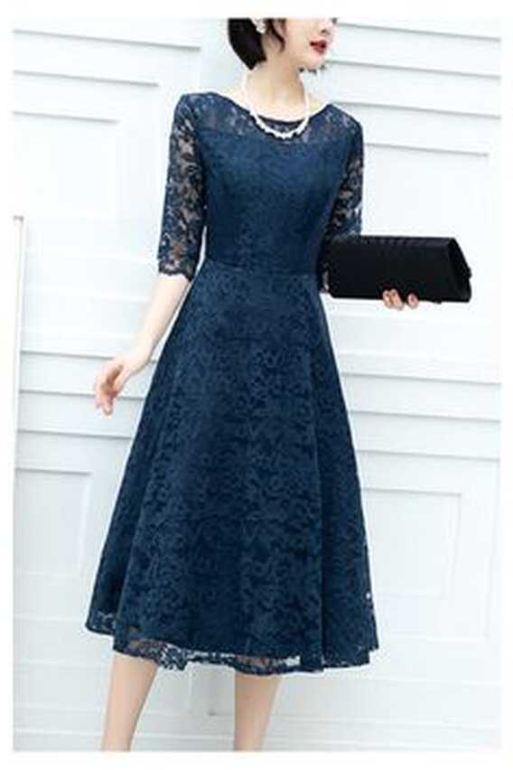 Navy Blue Lace Knee Length Women Party Dress With Lace Sleeves