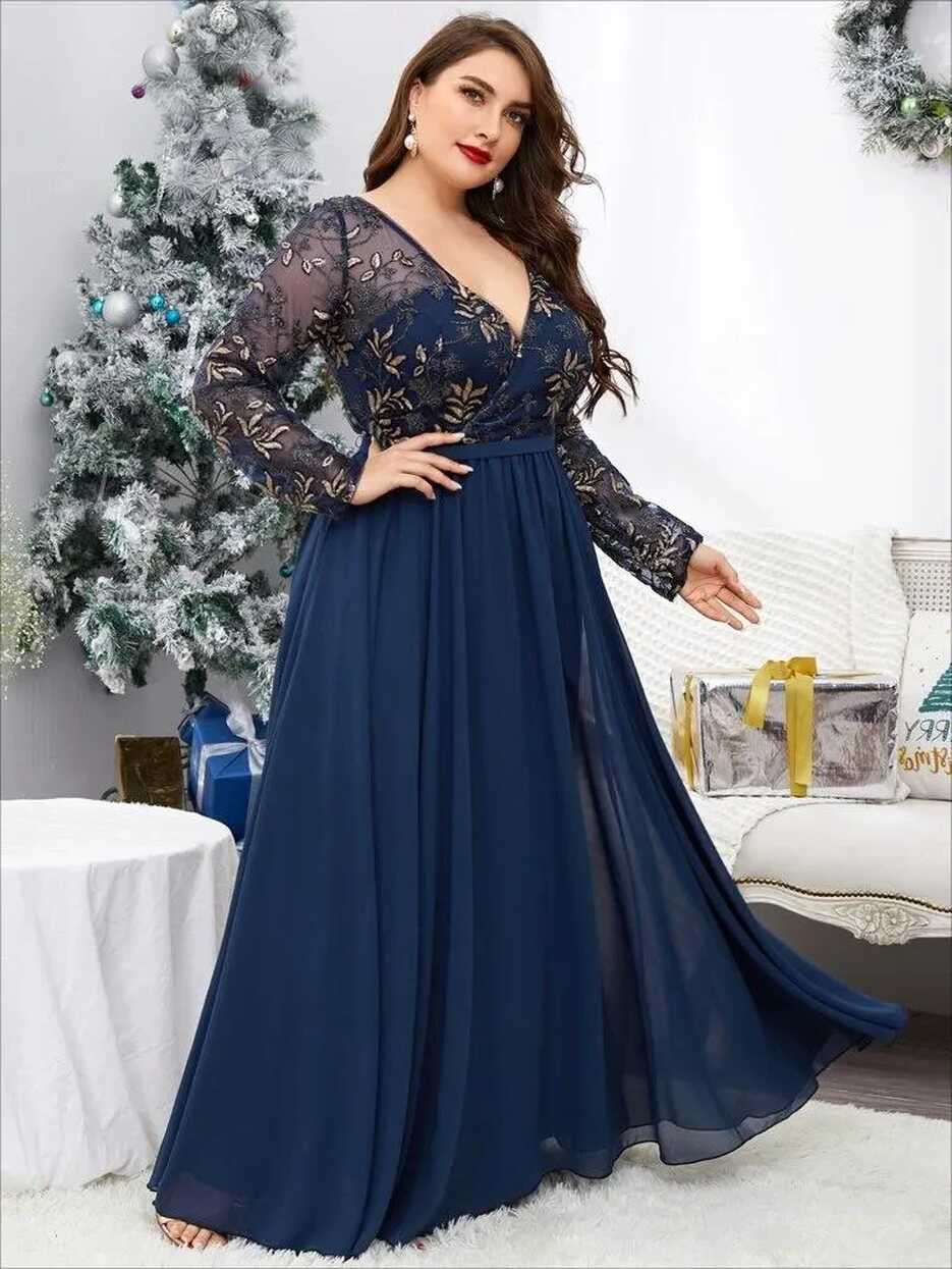 Navy Blue Lace Plus Size Prom Dresses For Special Occasion A Line ...