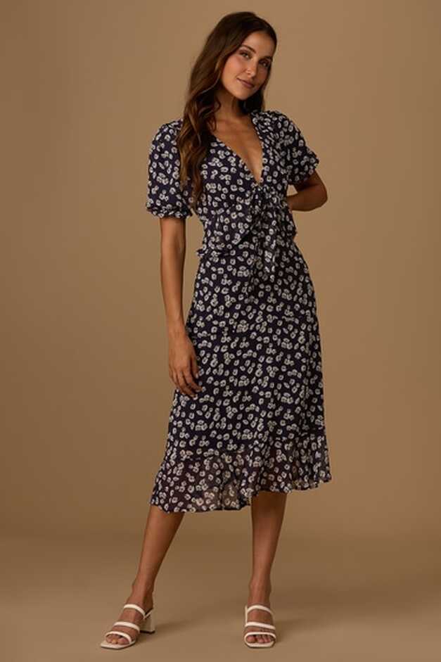 Navy Blue Midi Dress - Floral Print Dress - Tiered Dress - Lulus