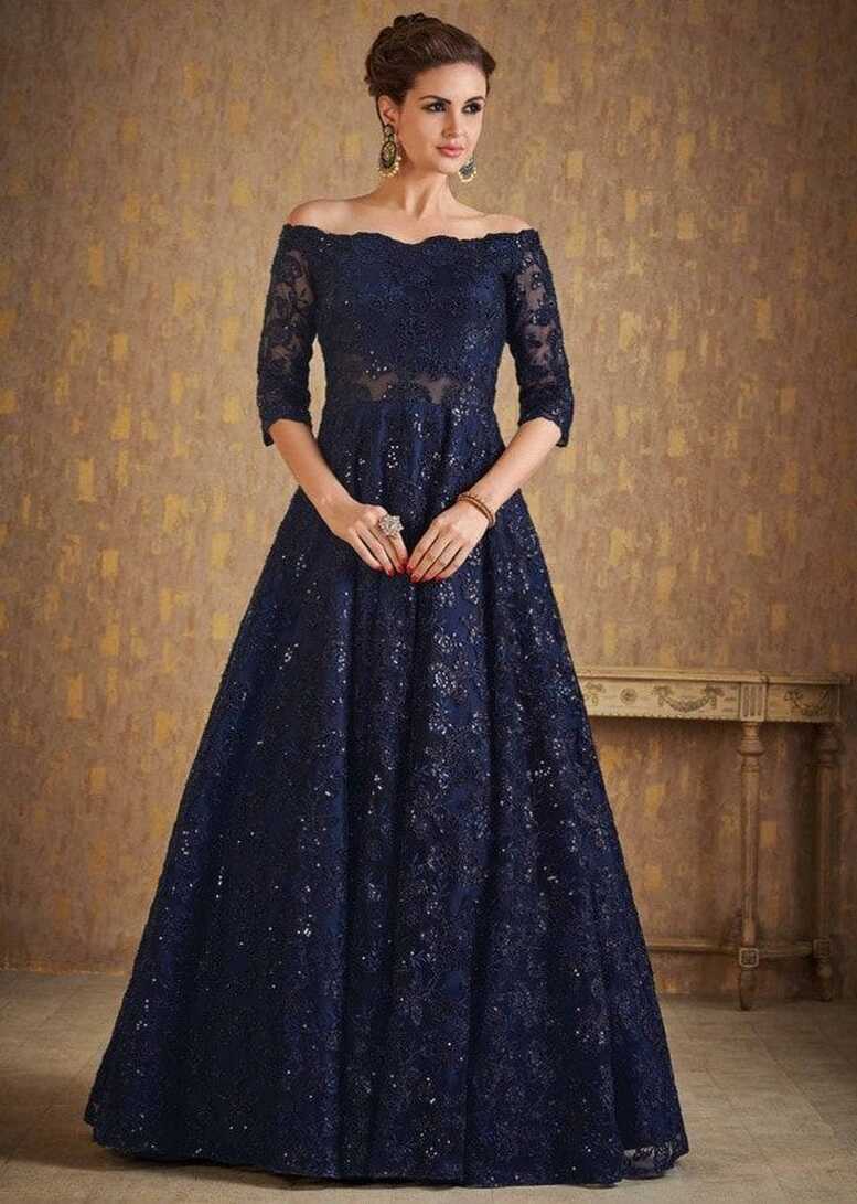 Navy Blue Off Shoulder Gown Adorn In Embossed Thread And Sequin ...