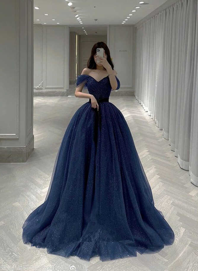 Navy Blue Off Shoulder Sweetheart Long Formal Dress, A-line Navy ...