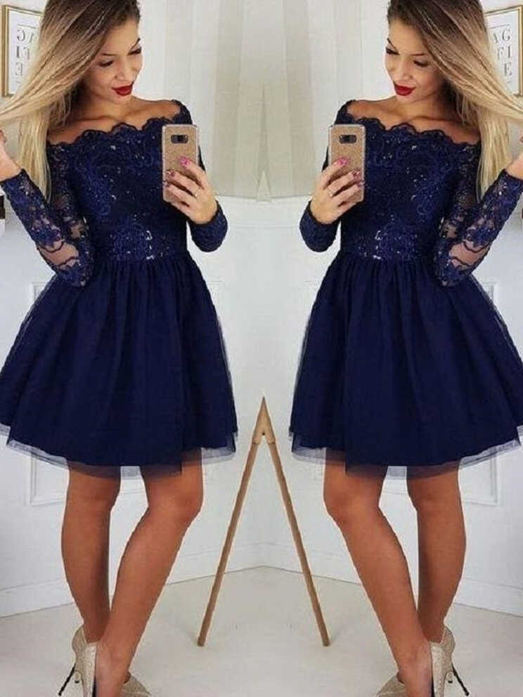 Navy Blue Off The Shoulder Lace Top Short Homecoming Dress with ...