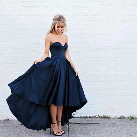 Navy Blue Prom Dress Sweetheart A-line Short Front Long Back ...