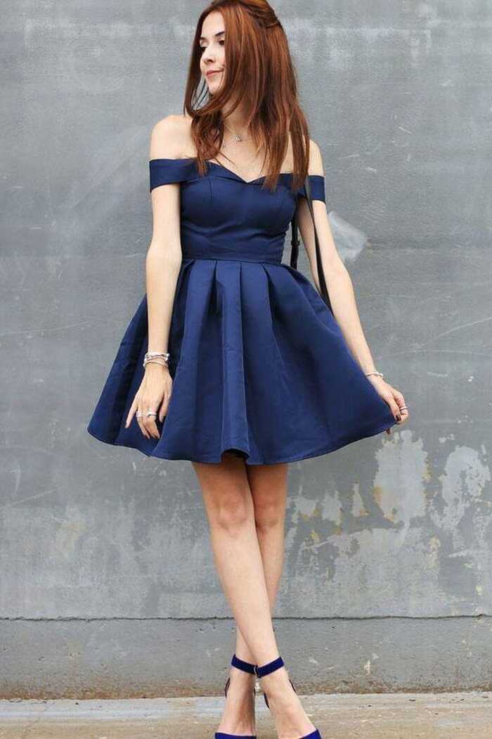 Navy Blue Satin A Line Off Shoulder Homecoming Dress PH386 | Promnova