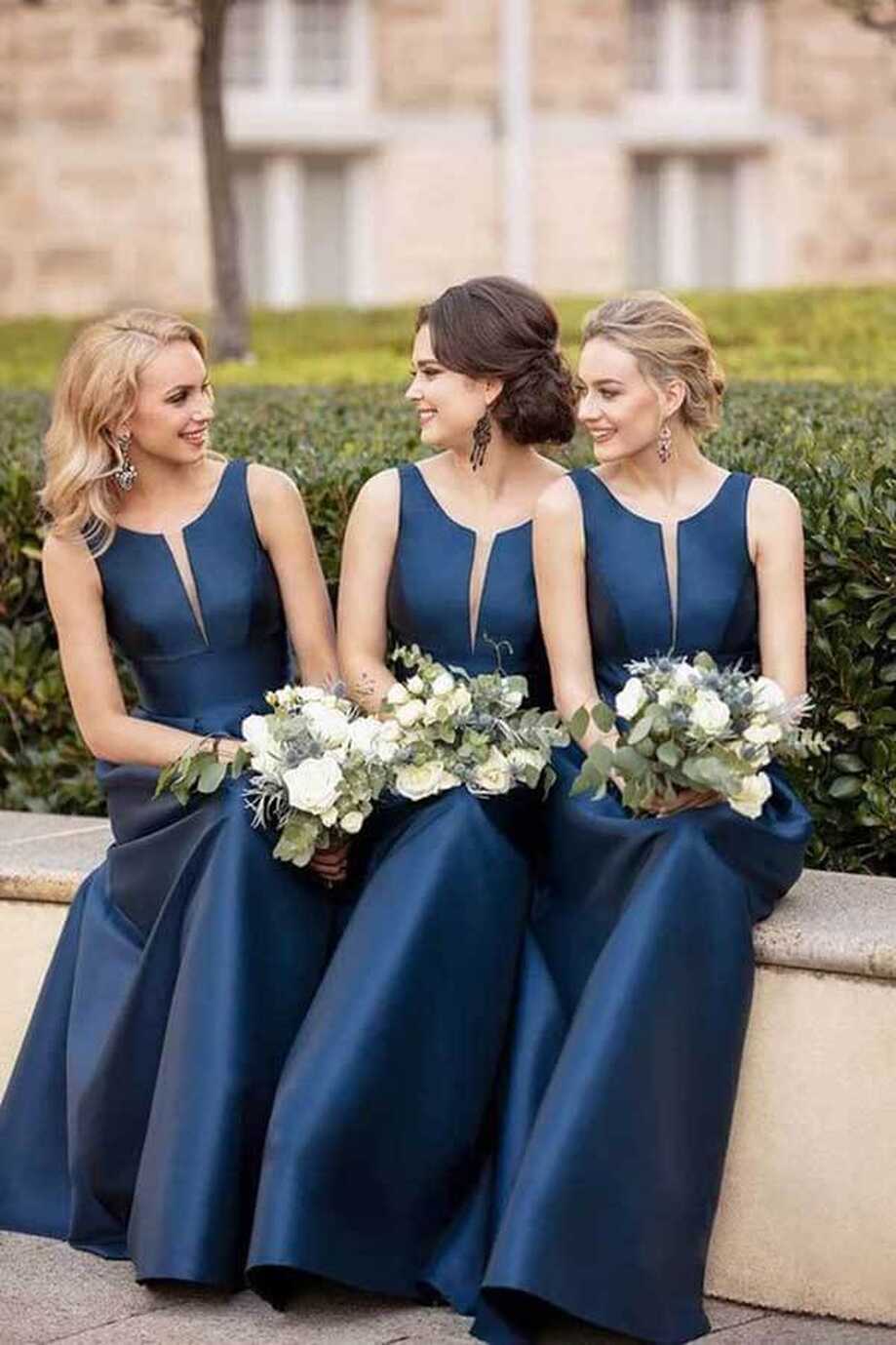 Navy Blue Satin A-line V-neck Bridesmaid Dresses MBD178 | Musebridals