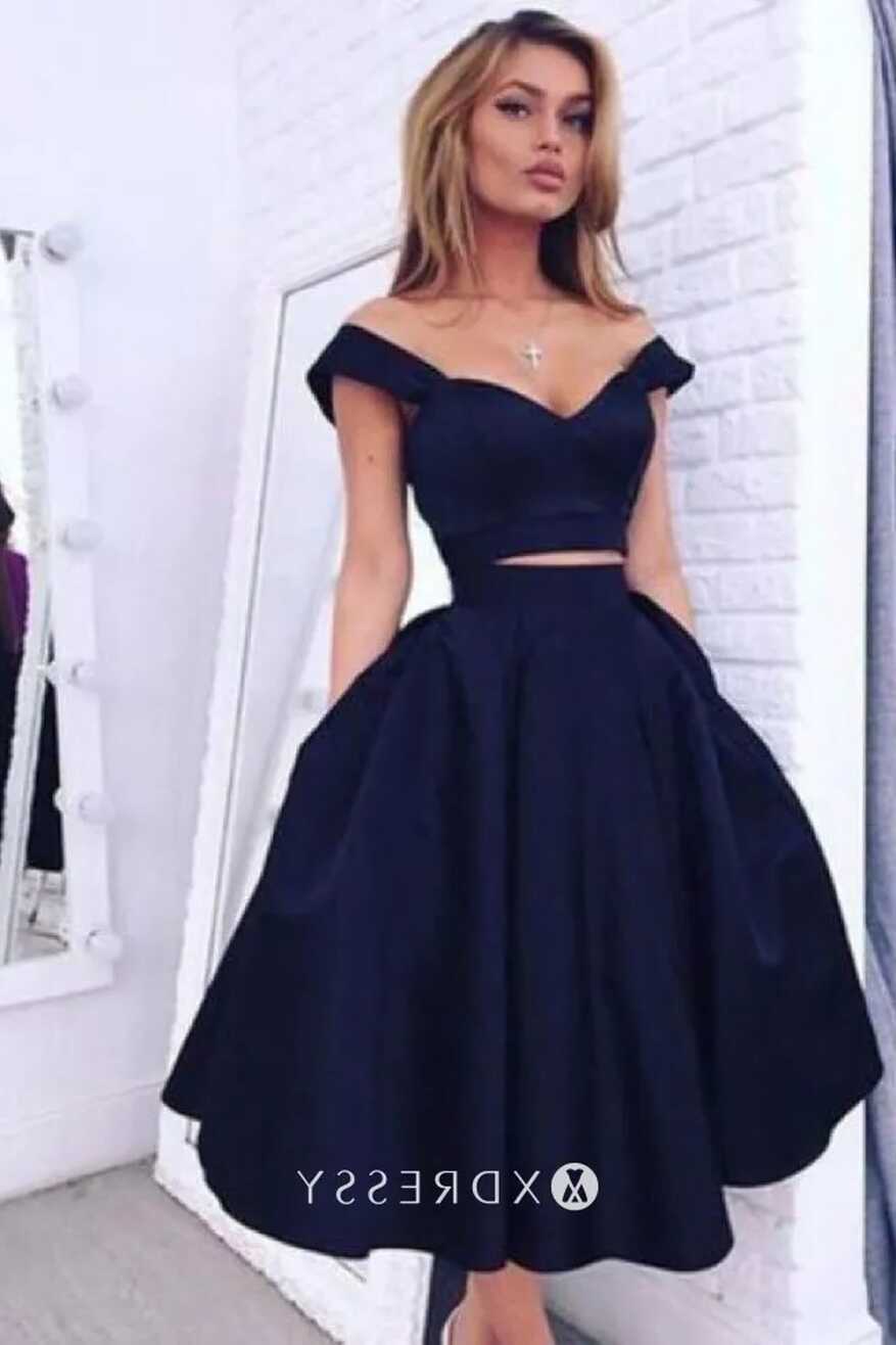 Navy Blue Satin Two-piece Short Homecoming Dress - Xdressy