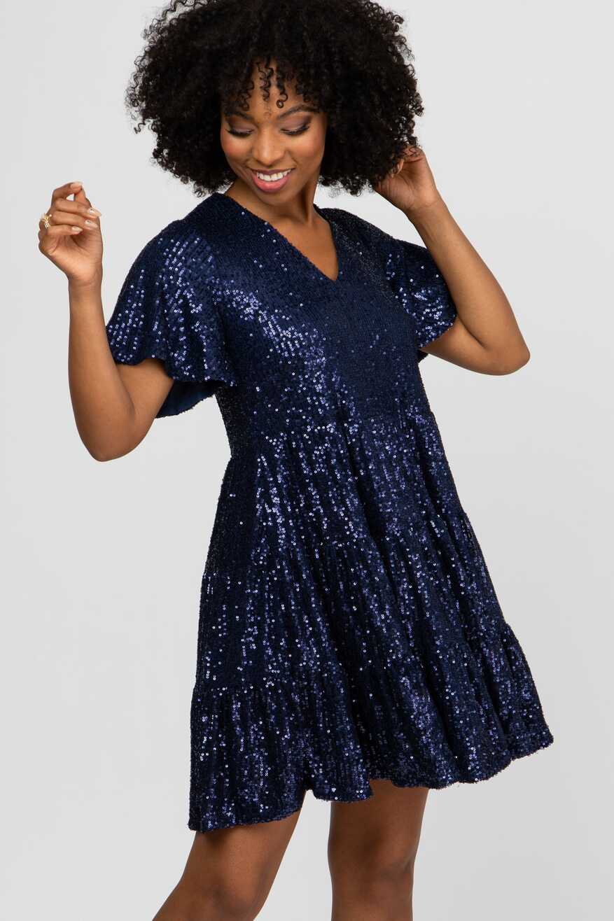 Navy Blue Sequin Tiered Short Sleeve Dress – PinkBlush