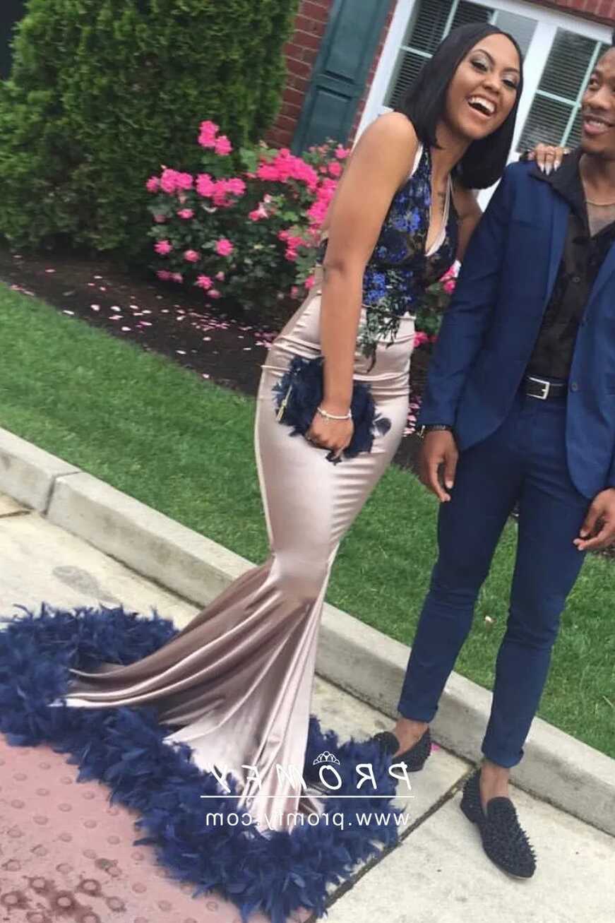 Navy Blue Sequin and Feather Satin Long Prom Dress - Promfy