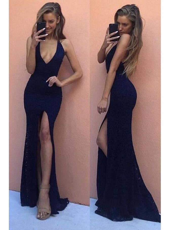 Navy Blue Sexy Slit Tight Bodycon Prom Dress with Slit GDC1252