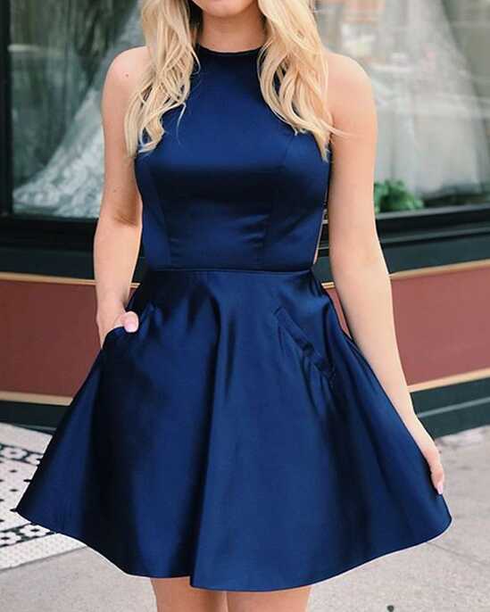 Navy Blue Short Halter Satin Formal Dress with Pockets HDQ3440