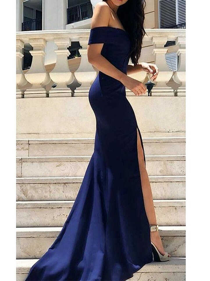 Navy Blue Stunning Off the Shoulder Bodycon Prom Dress with Slit