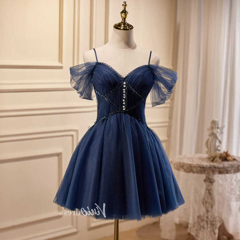 Navy Blue Tulle Homecoming Dresses Spaghetti Strap Short Prom ...