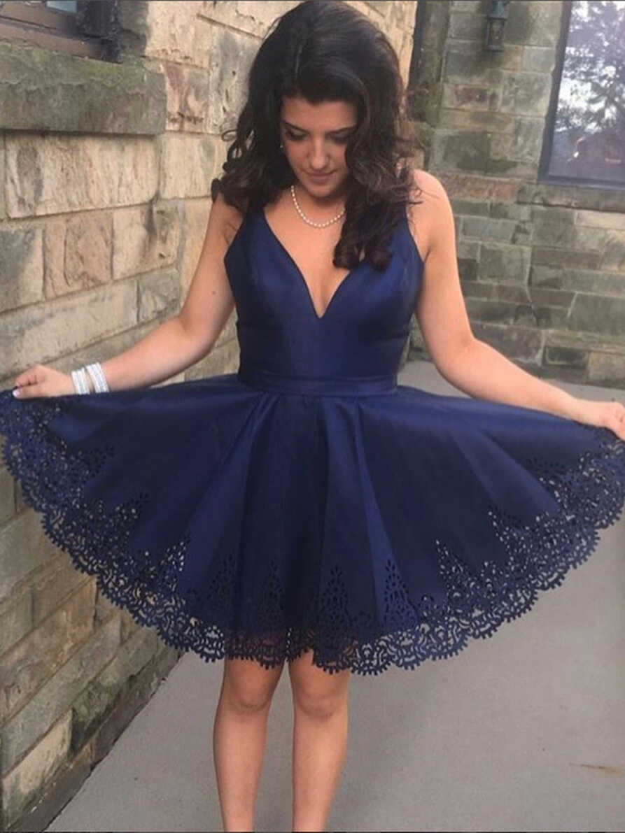 Navy Blue V Neck Lace Short Prom Dresses, Navy Blue Lace ...