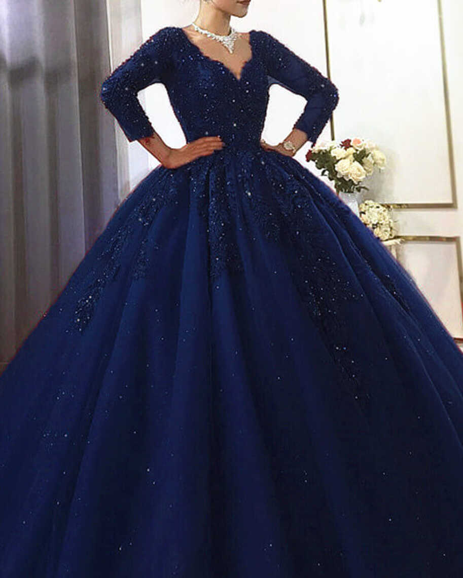 Navy Blue V Neck Wedding Dress With 3/4 Sleeves – Lisposa