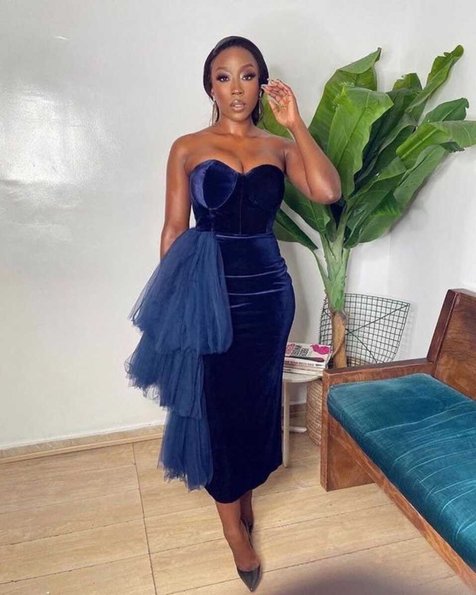 Navy Blue Velvet Midi Dress With Simple Design, Affordable Evening ...